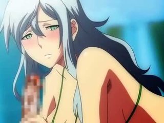 Anime milf rubs dick with her breasts