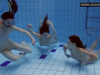 Tre caldi bitches nudo in il piscina
