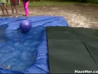 Poor girls wrestled on a homemade pool